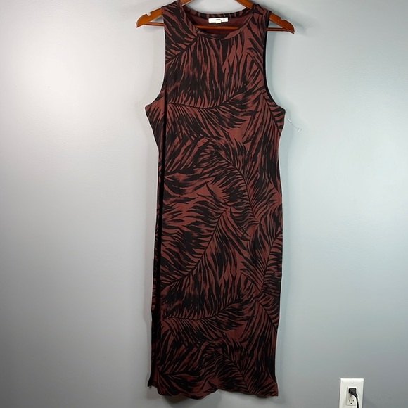 Vans Fern Tropical Print Midi Dress brown black sleeveless side slits beach L - Picture 9 of 9